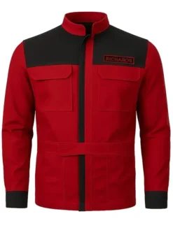 Glen Powell The Running Man 2025 Red And Black Jacket Front View