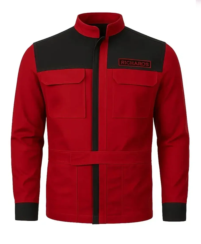 Glen Powell The Running Man 2025 Red And Black Jacket Front View