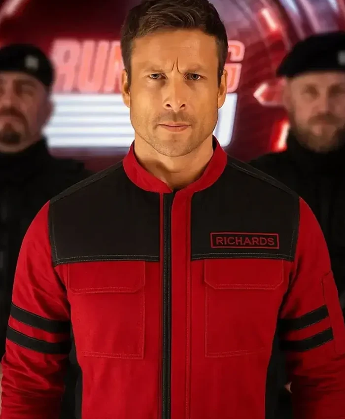 Glen Powell The Running Man 2025 Red And Black Jacket