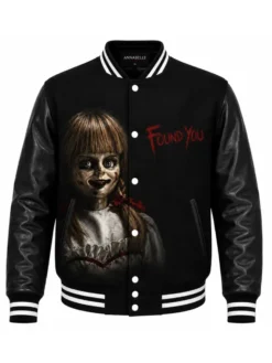 Halloween Annabelle Black Varsity Jacket Front View