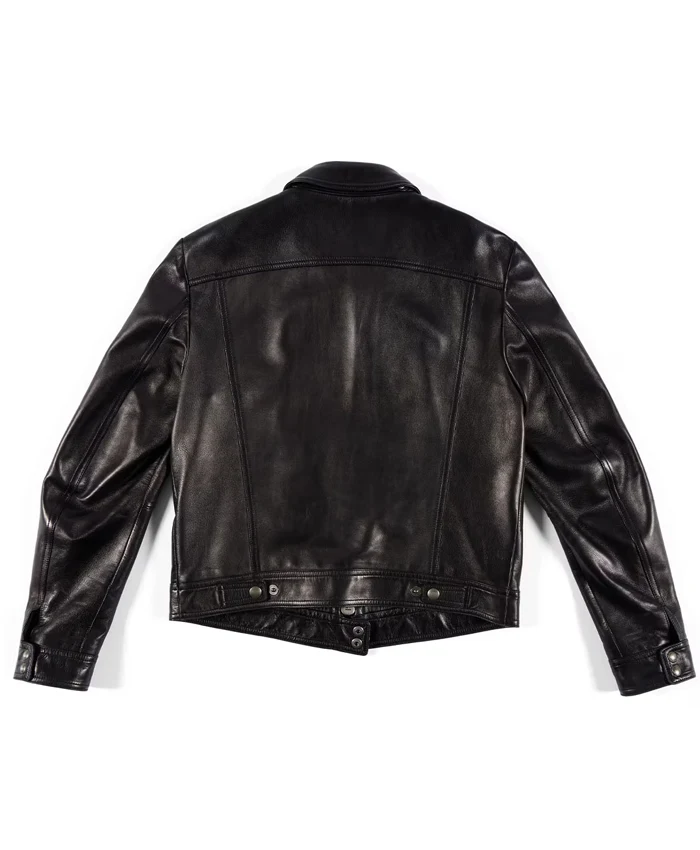 Jensen Huang Signature Black Trucker Leather Jacket Back View