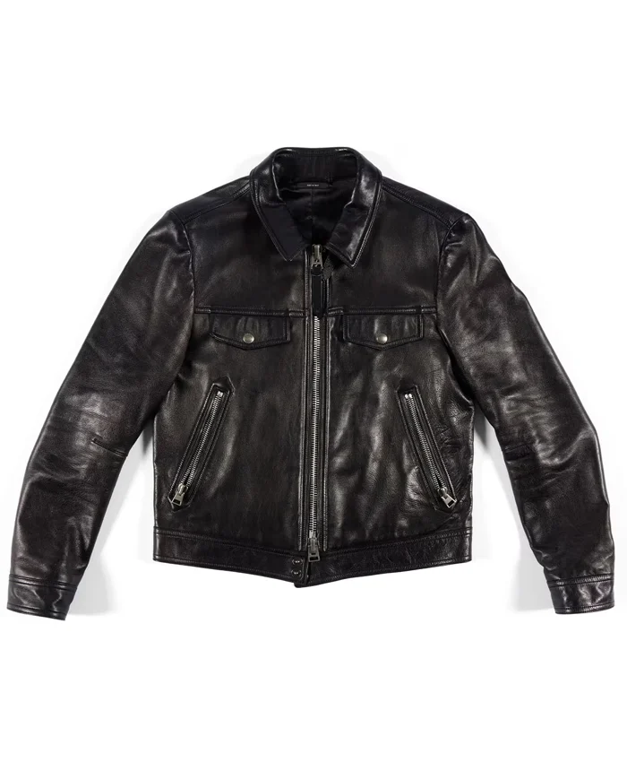 Jensen Huang Signature Trucker Black Leather Jacket Front View