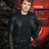Joe Keery Stranger Things S05 Premiere Steve Harrington Black Leather Jacket front view