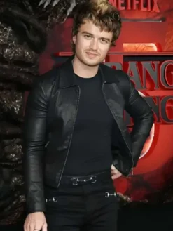 Joe Keery Stranger Things S05 Premiere Steve Harrington Black Leather Jacket front view