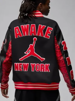 Jordan x Awake NY Red Varsity Jacket Back View