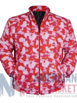 Juice Wrld Pink Camo Puffer Jacket for men and women front view with stand-up collar