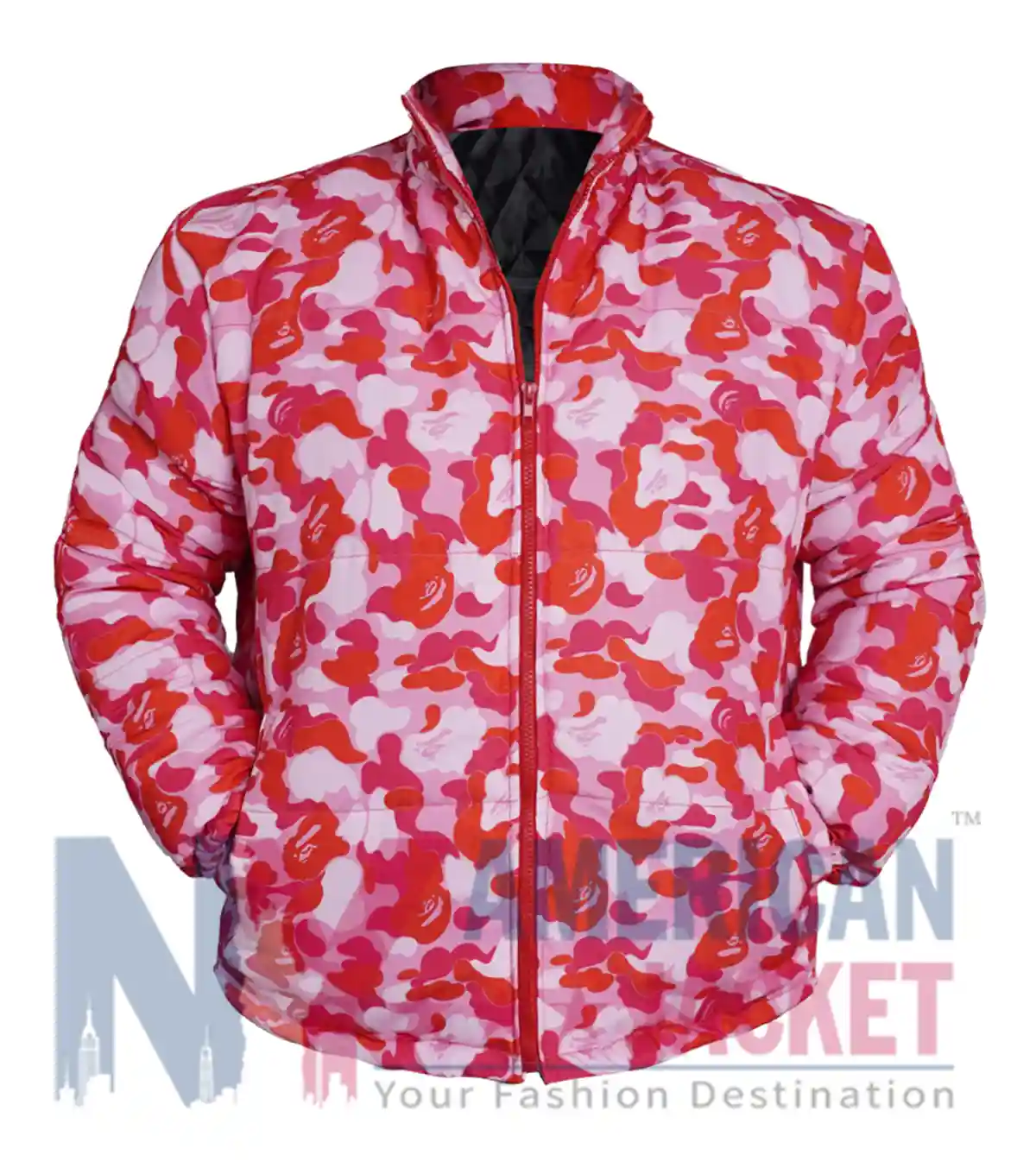 Juice Wrld Pink Camo Puffer Jacket for men and women front view with stand-up collar