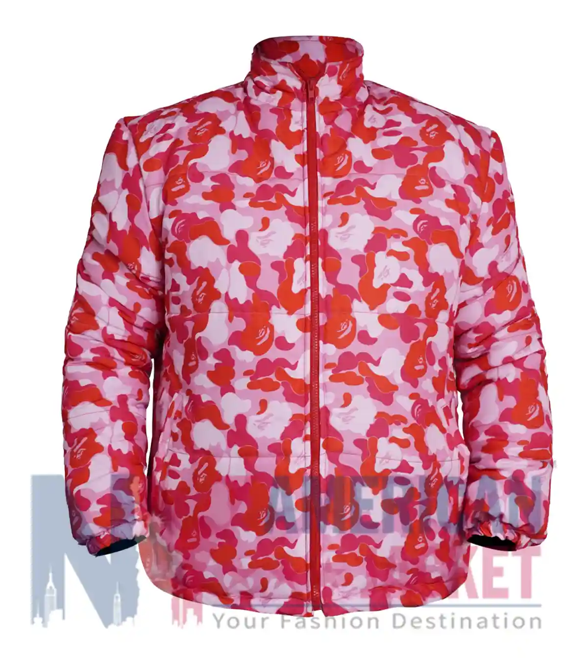 Juice Wrld Pink Camouflage Puffer Jacket featuring YKK zipper closure and elastic cuffs