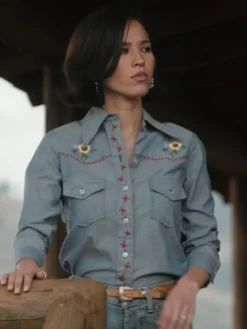 Kelsey Asbille Blue Denim Shirt inspired by Yellowstone with full-length sleeves and two pockets