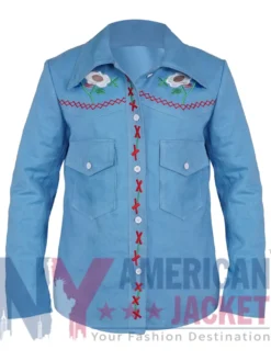 Kelsey Asbille Yellowstone Season 05 Floral Embroidered Denim Shirt front view