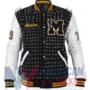 Lady Gaga Monster Black and Off-White Studded Varsity Jacket front view
