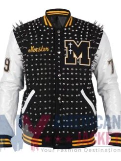 Lady Gaga Monster Black and Off-White Studded Varsity Jacket front view