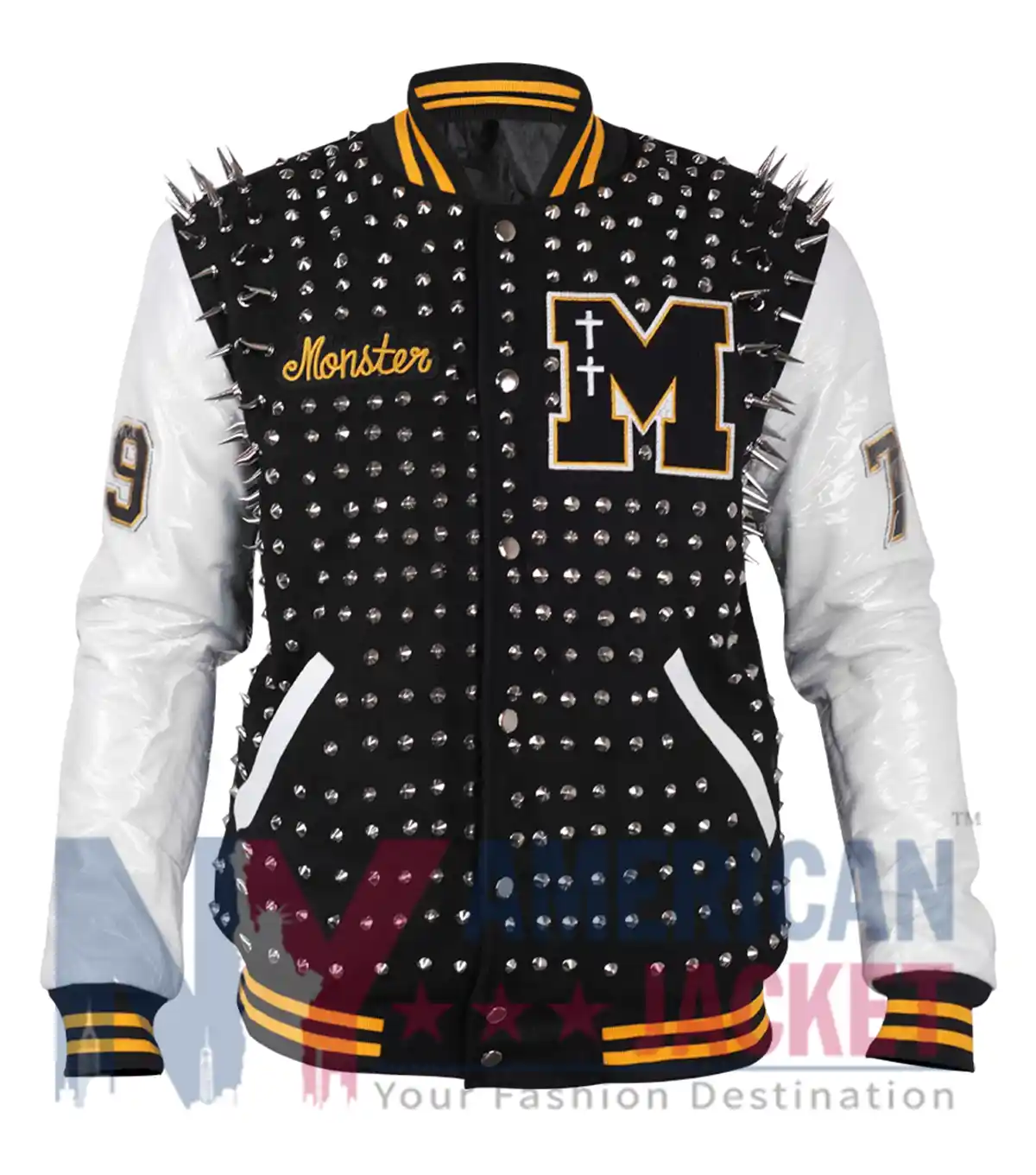 Lady Gaga Monster Black and Off-White Studded Varsity Jacket front view