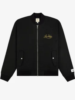 Las Vegas Black Satin Bomber Jacket front view with sleek zip-up design