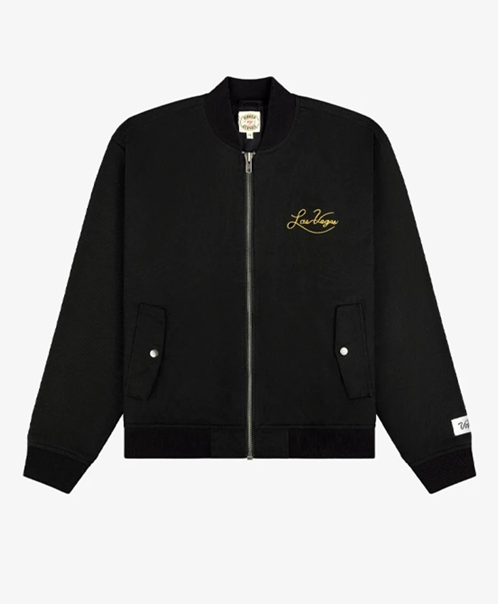 Las Vegas Black Satin Bomber Jacket front view with sleek zip-up design