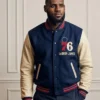 LeBron James Philadelphia 76ers Letterman Jacket front view in navy blue and cream