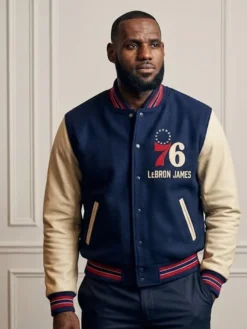 LeBron James Philadelphia 76ers Letterman Jacket front view in navy blue and cream