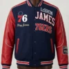 LeBron James Philadelphia 76ers Varsity Jacket front view in navy blue and red
