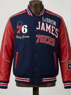 LeBron James Philadelphia 76ers Varsity Jacket front view in navy blue and red