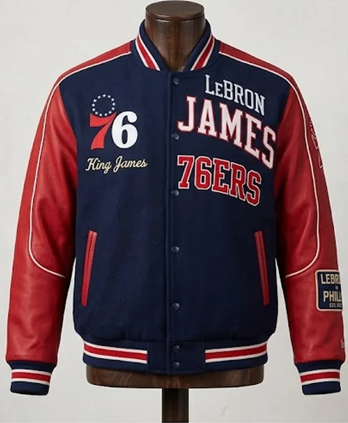 LeBron James Philadelphia 76ers Varsity Jacket front view in navy blue and red