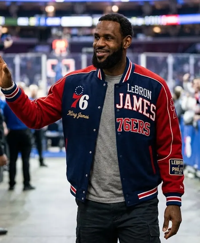 LeBron James Philadelphia 76ers Wool Varsity Jacket with rib-knit collar