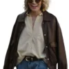 Lindsay Hubbard Brown Leather Bomber Jacket with classic collar and button zip closure