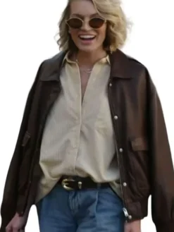 Lindsay Hubbard Brown Leather Bomber Jacket with classic collar and button zip closure