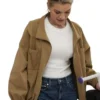 Lindsay Hubbard Tan Cotton Jacket featuring stand-up collar and YKK zipper