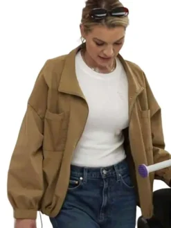 Lindsay Hubbard Tan Cotton Jacket featuring stand-up collar and YKK zipper