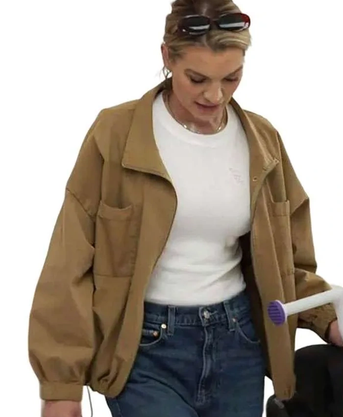 Lindsay Hubbard Tan Cotton Jacket featuring stand-up collar and YKK zipper