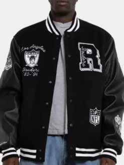 Los Angeles Raiders World Champs Varsity Jacket front view in black wool design