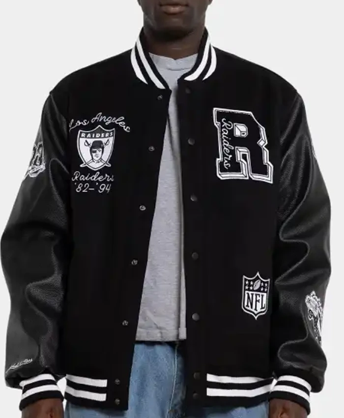 Los Angeles Raiders World Champs Varsity Jacket front view in black wool design