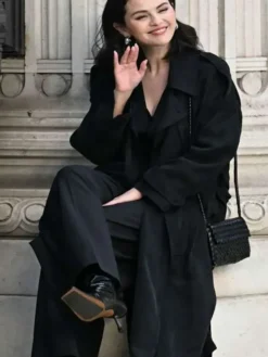 Mabel Mora Black Cotton Trench Coat with lapel collar and button belt closure