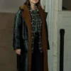 Mabel Mora Black Leather Coat with shearling lining and lapel collar detail