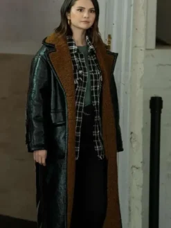 Mabel Mora Black Leather Coat with shearling lining and lapel collar detail