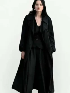 Mabel Mora Only Murders In The Building Selena Gomez Black Cotton Trench Coat front view