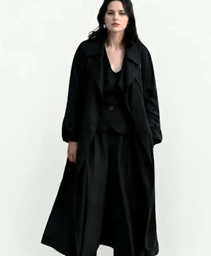 Mabel Mora Only Murders In The Building Selena Gomez Black Cotton Trench Coat front view