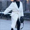 Mabel Mora White Wool Trench Coat with belted closure and lapel collar
