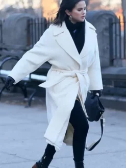 Mabel Mora White Wool Trench Coat with belted closure and lapel collar