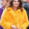 Mabel Mora Yellow Faux Sherpa Jacket with lapel collar and open front design