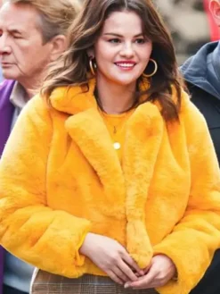 Mabel Mora Yellow Faux Sherpa Jacket with lapel collar and open front design
