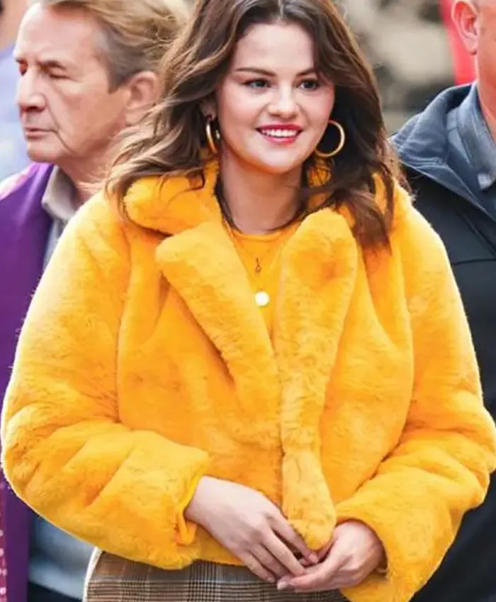 Mabel Mora Yellow Faux Sherpa Jacket with lapel collar and open front design