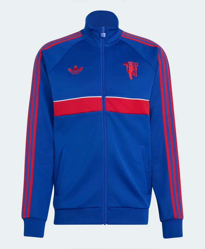 Manchester United Adidas 26-27 Blue Fleece Tracksuit front view with zip jacket