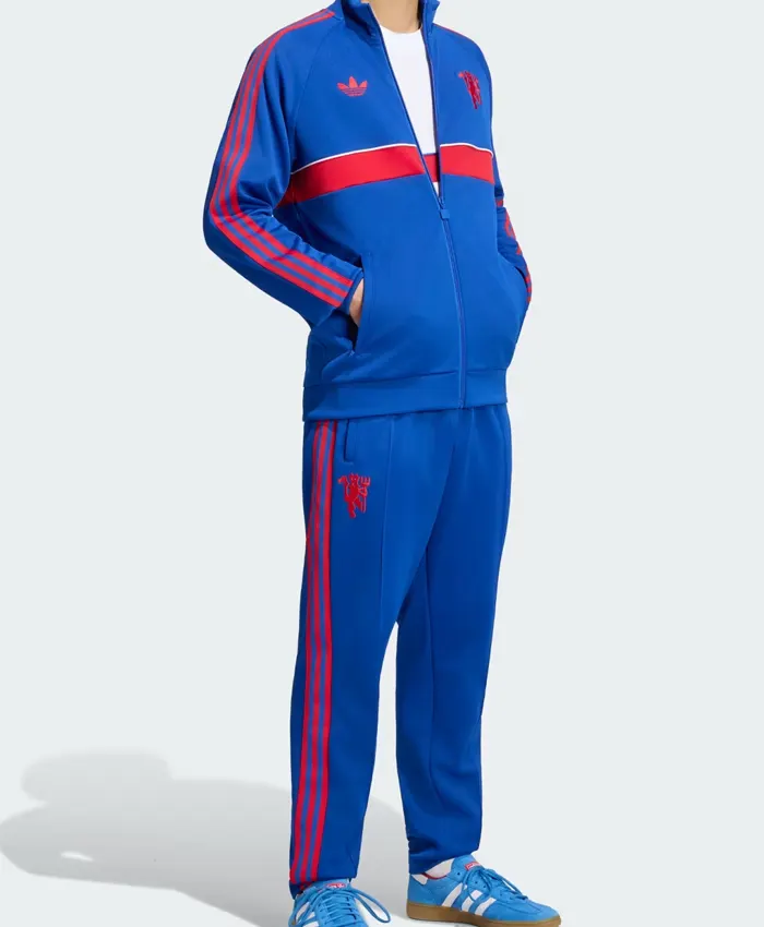 Manchester United Adidas Blue Tracksuit featuring stand-up collar and matching pants