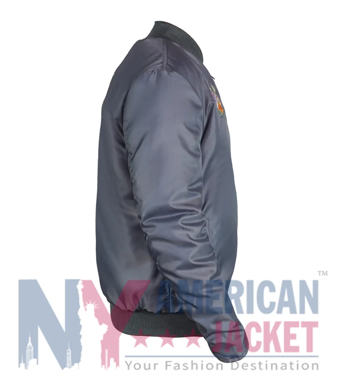 Mavis Beaumont Floral Grey Bomber Jacket with rib-knit collar and zipper closure