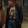 Maya Hawke Stranger Things Season 05 Robin Buckley Black Leather Coat front view