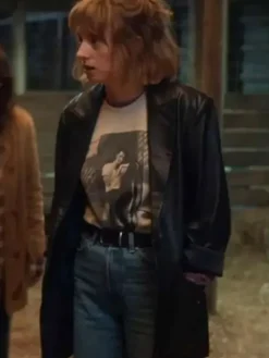 Maya Hawke Stranger Things Season 05 Robin Buckley Black Leather Coat front view