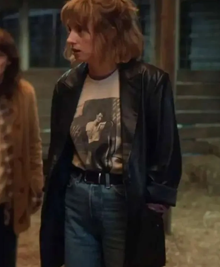 Maya Hawke Stranger Things Season 05 Robin Buckley Black Leather Coat front view