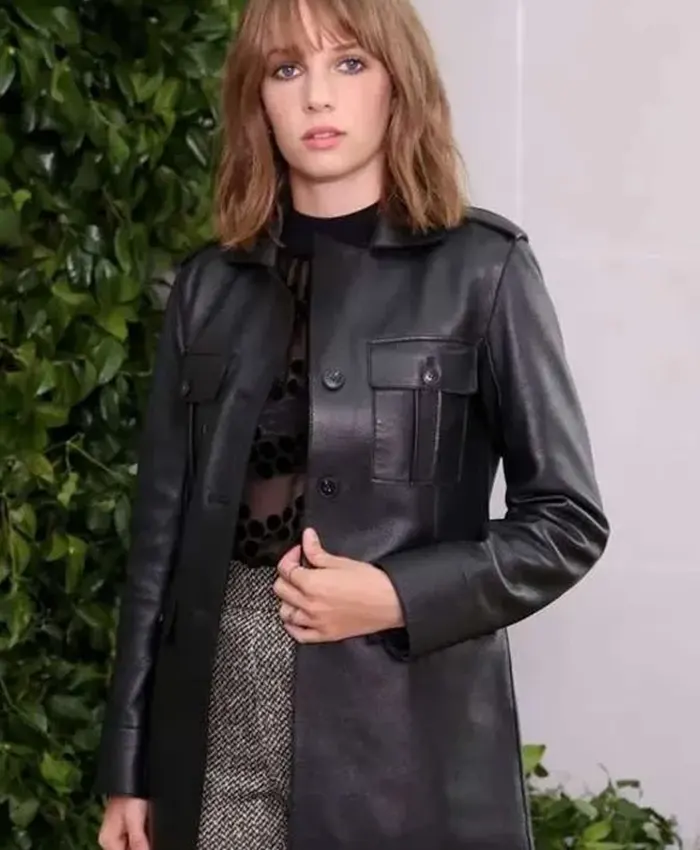 Maya Hawke TV-Series Stranger Things Longline Black Leather Coat Front View