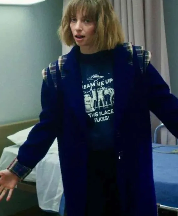 Maya Hawke TV-Series Stranger Things Robin Buckley Blue Wool Coat front view